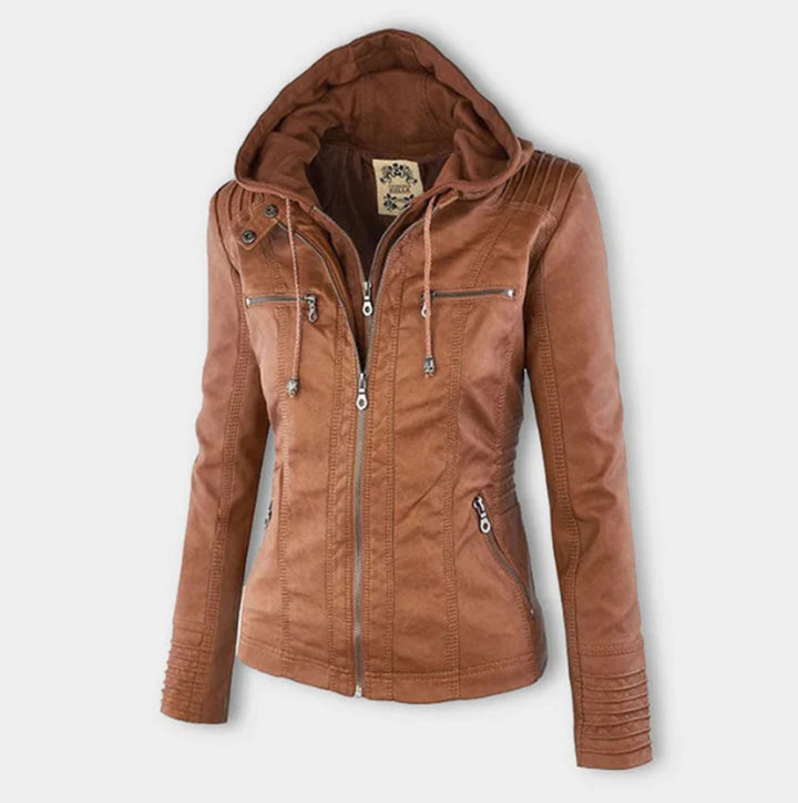 Tan-brown biker jacket with hood, front zipper, drawstring, and zip front pockets