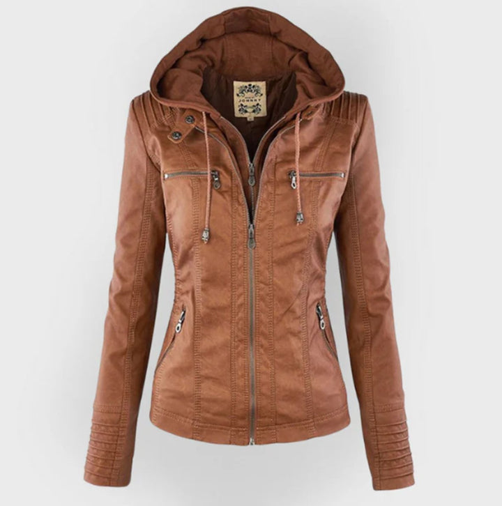 Light brown biker jacket with hood, front zipper, drawstring, and zip front pockets
