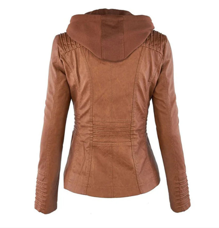 Brown biker jacket back with hood and stitched panel seams