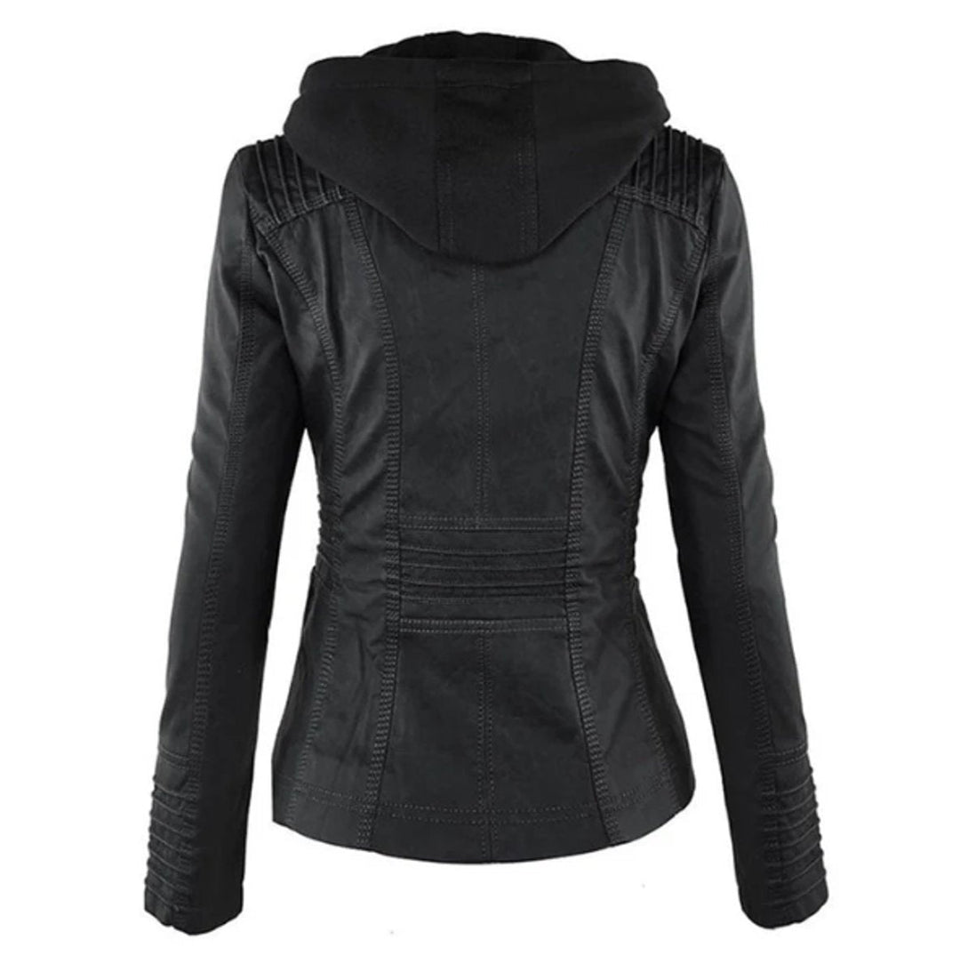 Black biker jacket back with hood and stitched panel seams