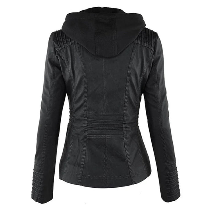 Black biker jacket back with hood and stitched panel seams