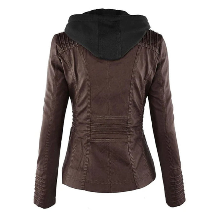 Dark brown biker jacket back with hood and stitched panel seams