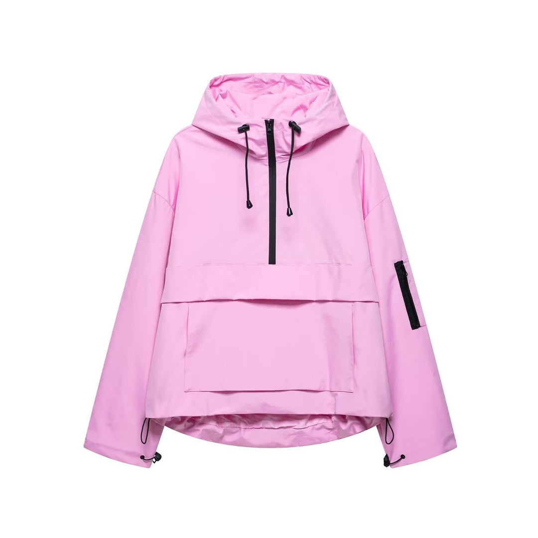 Pink sporty anorak with hood and half-zip, drawstring pulls, front pouch pocket