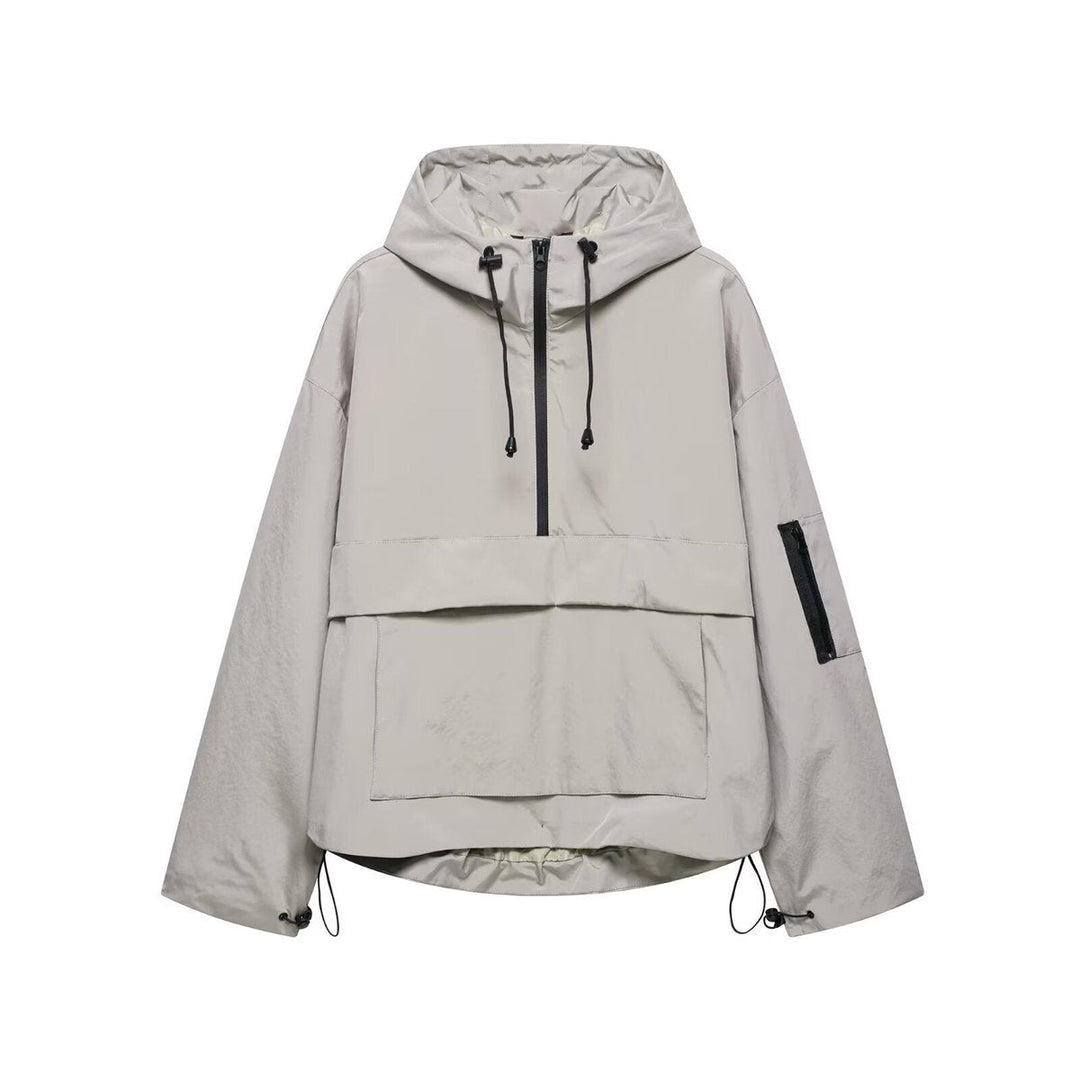 Gray sporty anorak with hood and half-zip, drawstring pulls, front pouch pocket