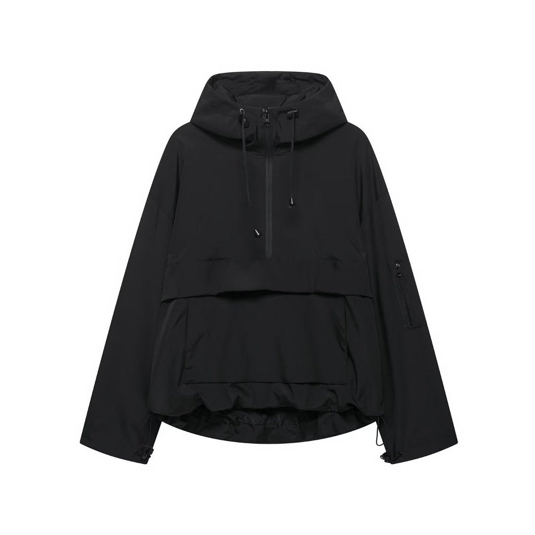 Black sporty anorak with hood and half-zip, drawstring pulls, front pouch pocket