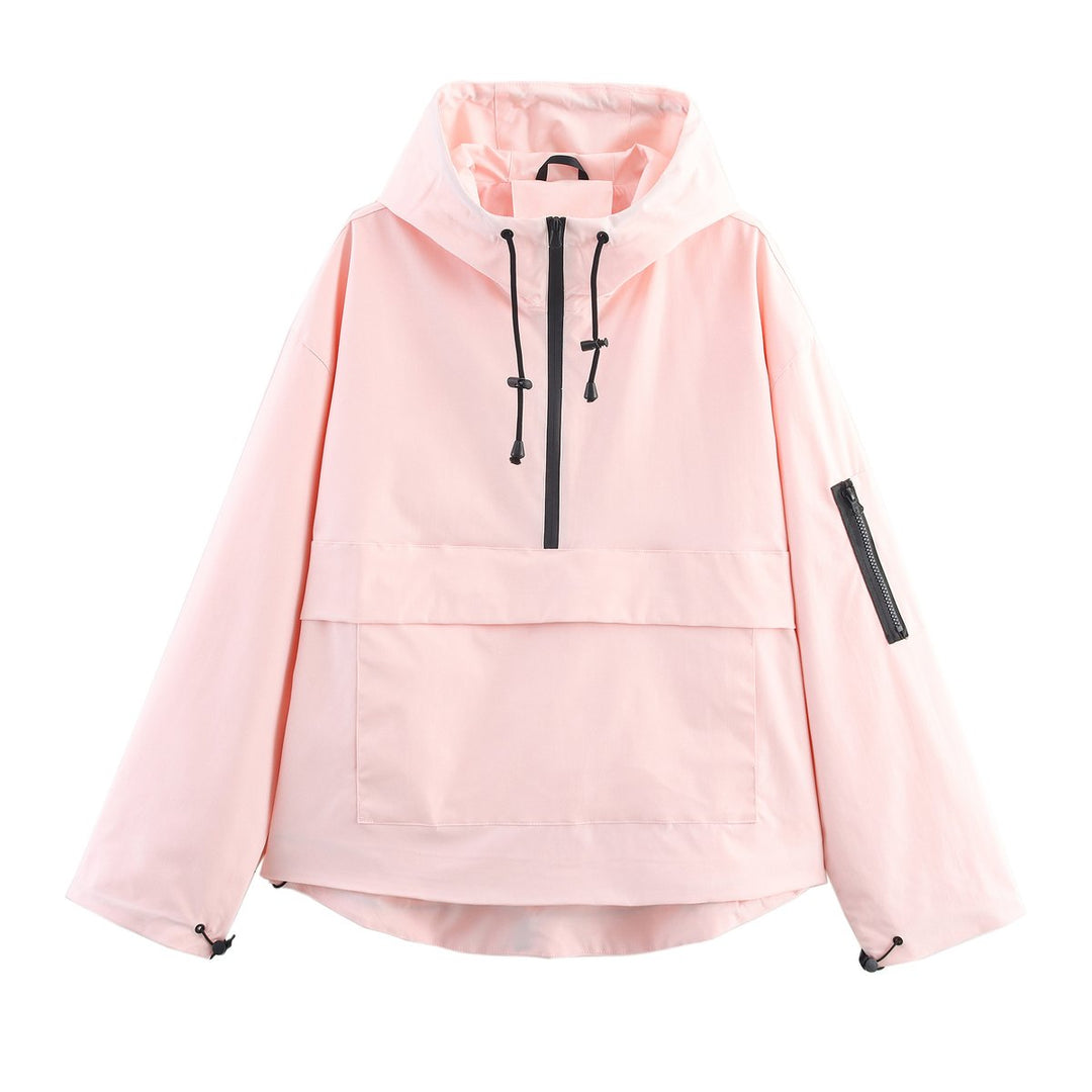 Light pink sporty anorak with hood and half-zip, drawstring pulls, front pouch pocket