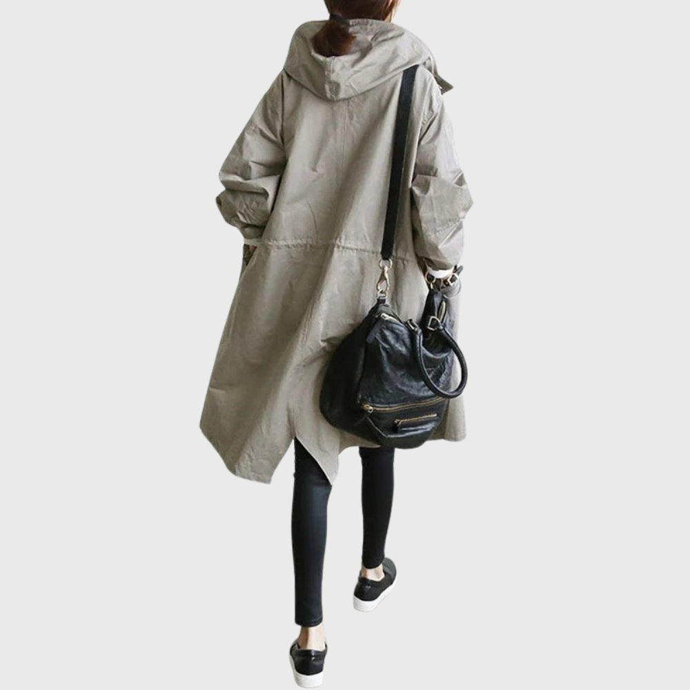 Light gray hooded trench coat with button front and large side pockets