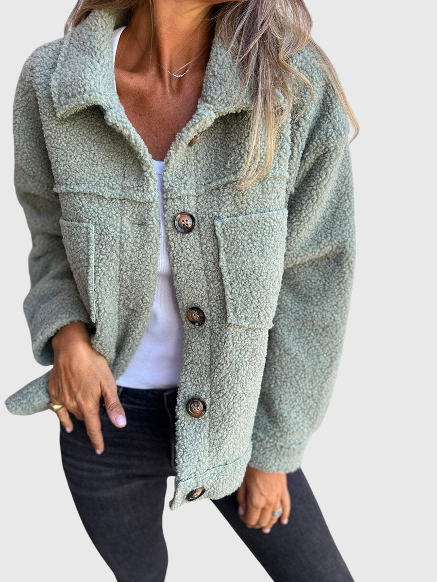 Rozanne light blue/gray button-up jacket with pointed collar and round snap front buttons