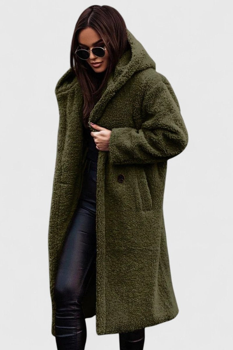 Olive green long hooded winter coat with fuzzy texture, buttoned front and pockets.