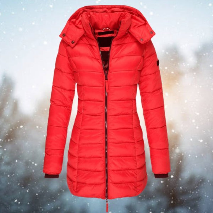 Long red puffer winter coat with hood, fitted quilting, front zipper, button cuffs.