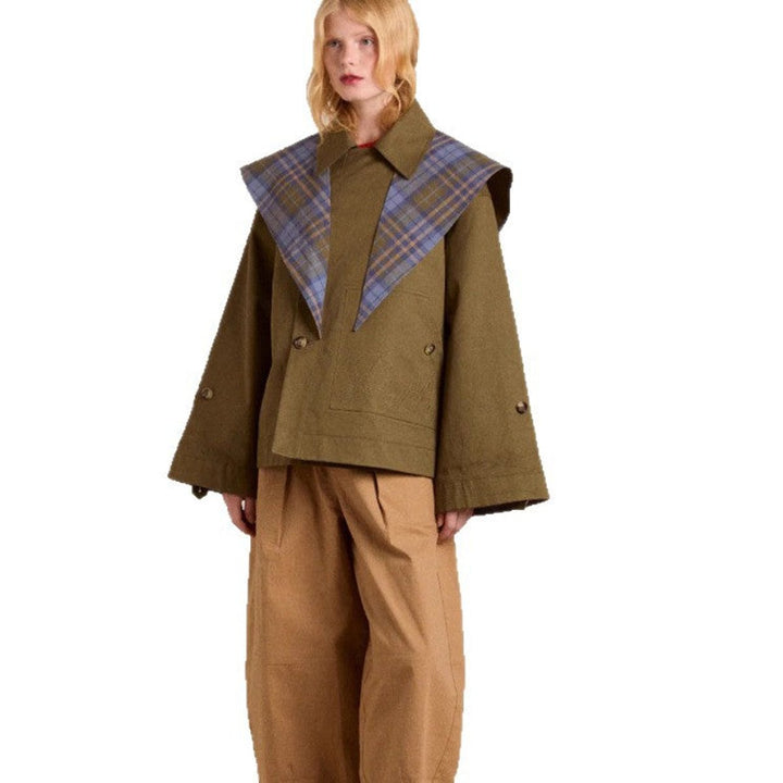 Oversized short jacket with olive-brown body and wide plaid cape collar