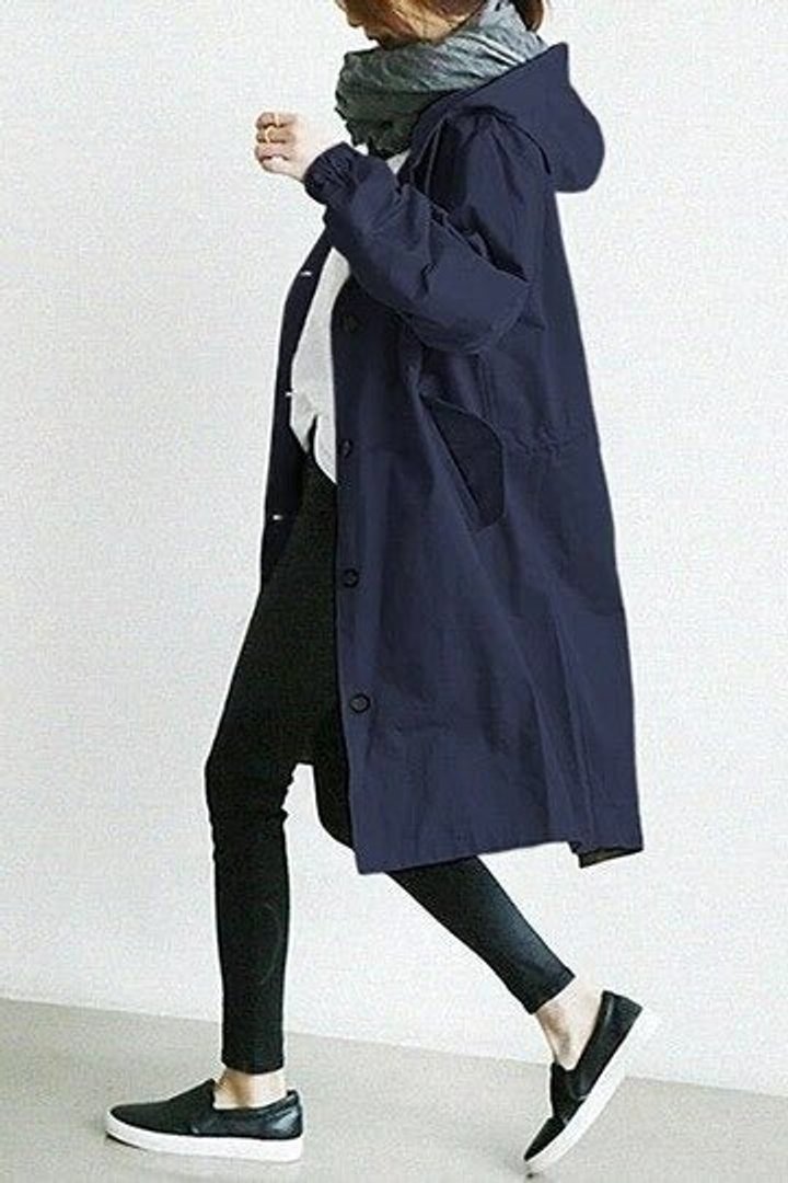 Navy hooded long coat with button front and oversized hood