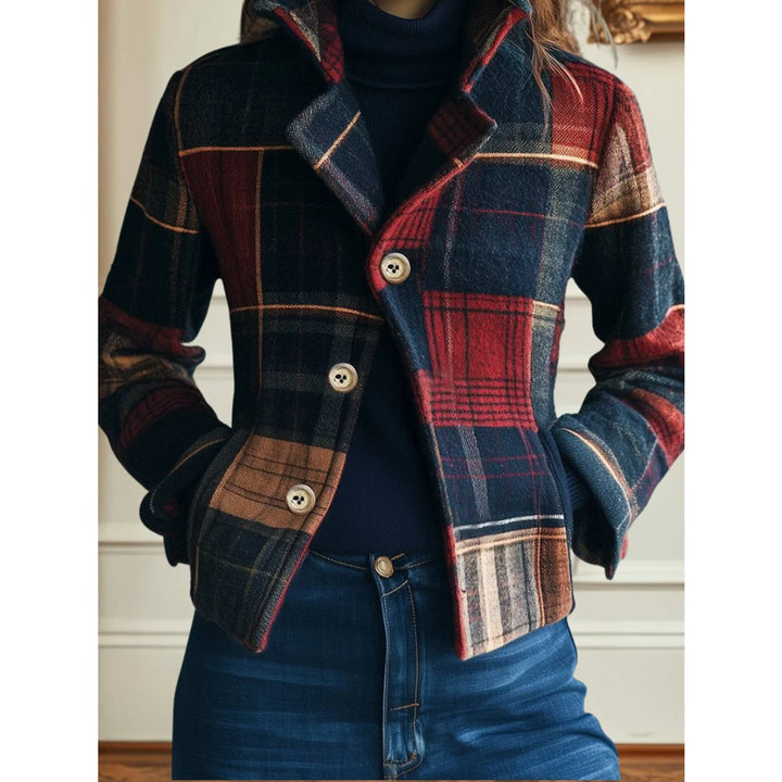 Short plaid jacket in navy, red, and tan with button front and patch pockets