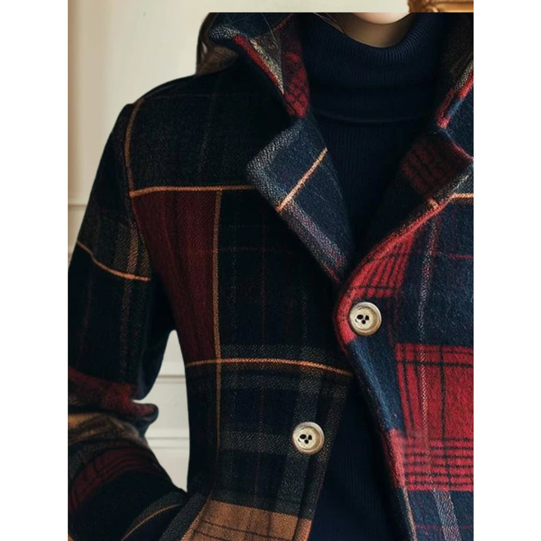 Patch plaid jacket close-up: navy and red check with gold buttons