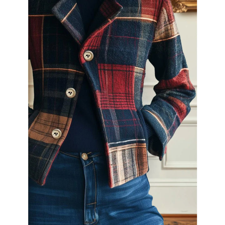 Short plaid jacket with red and navy checks, tan stripe trim, and button front
