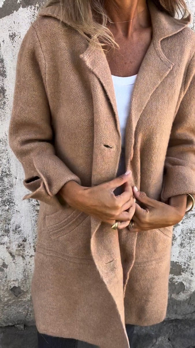 Long suede-look coat with lapel collar, button front, taupe-brown