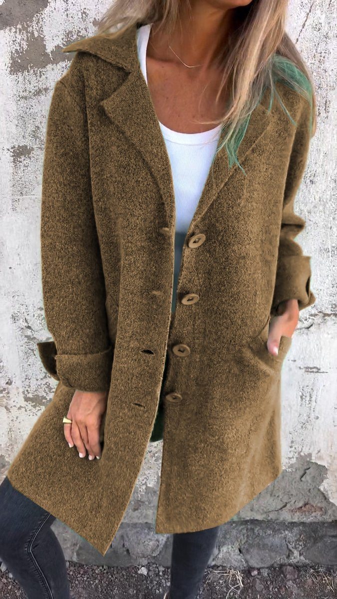 Olive-brown long coat with lapel collar, button front, long sleeves, side pockets.