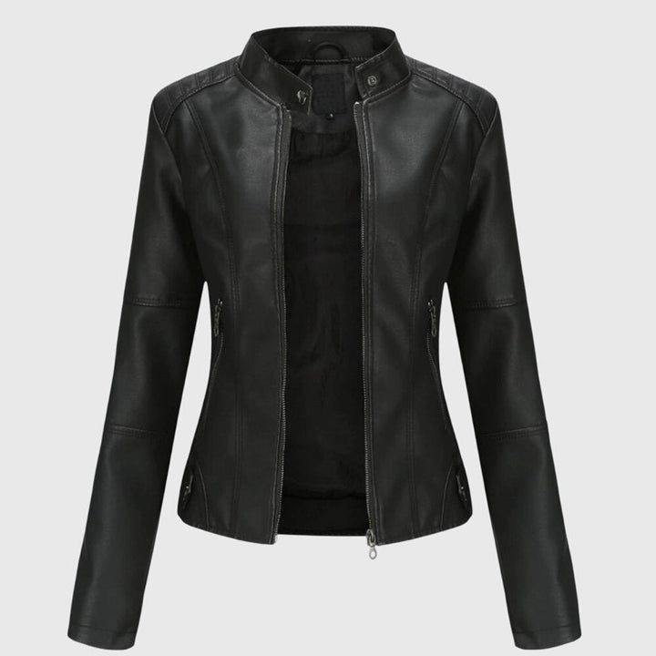 Black fitted biker jacket with stand-up collar and front zip closure