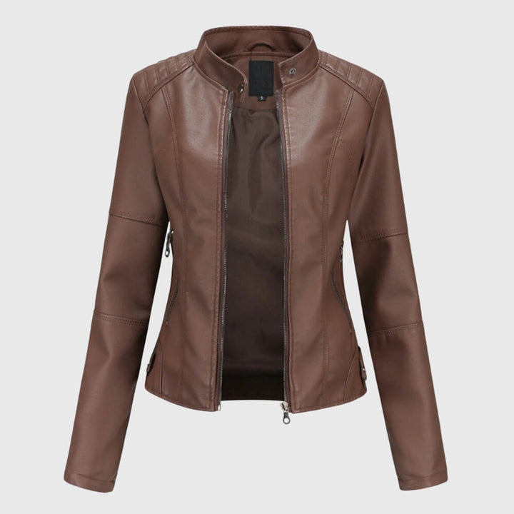 Fitted biker jacket with stand-up collar in brown