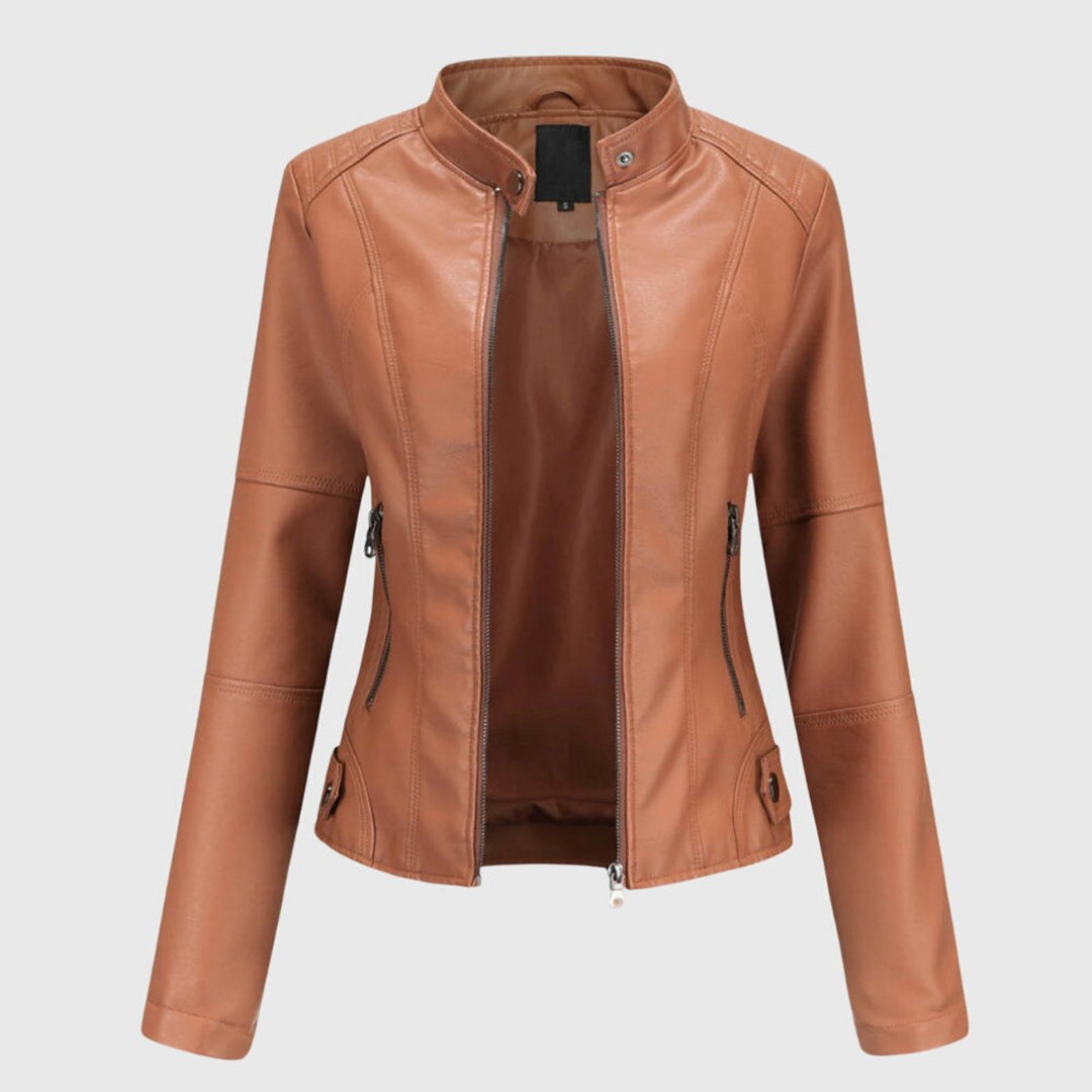 Fitted light brown biker jacket with stand-up collar and zip pockets
