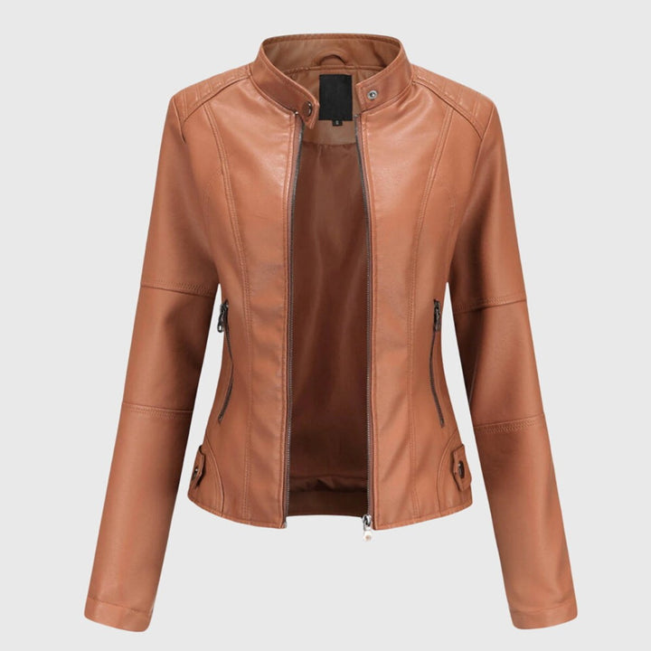 Fitted light brown biker jacket with stand-up collar and zip pockets