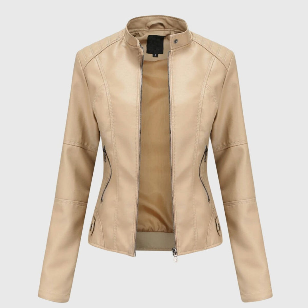 Beige fitted biker jacket with stand collar, zip front and side zip pockets