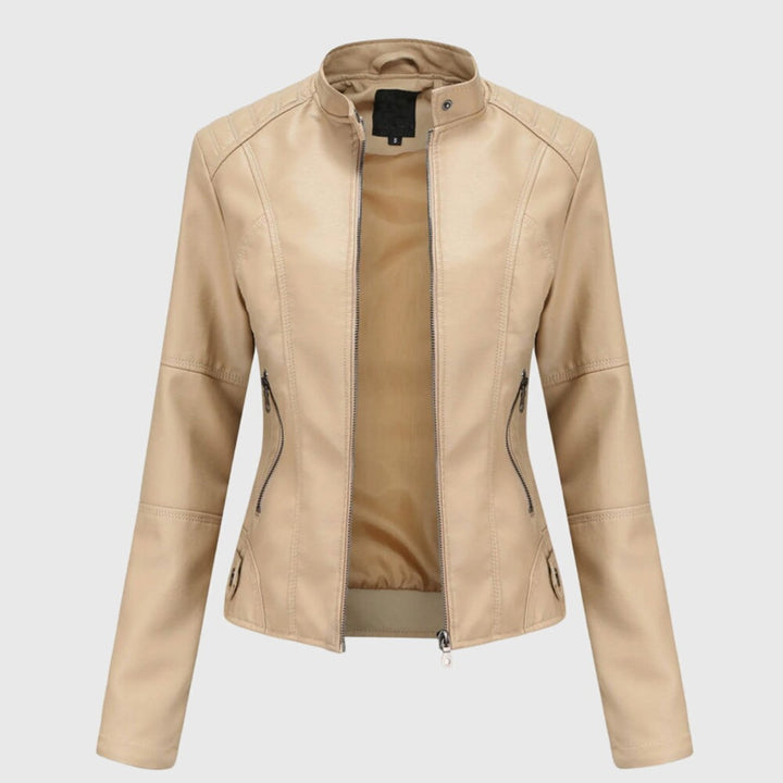 Beige fitted biker jacket with stand collar, zip front and side zip pockets