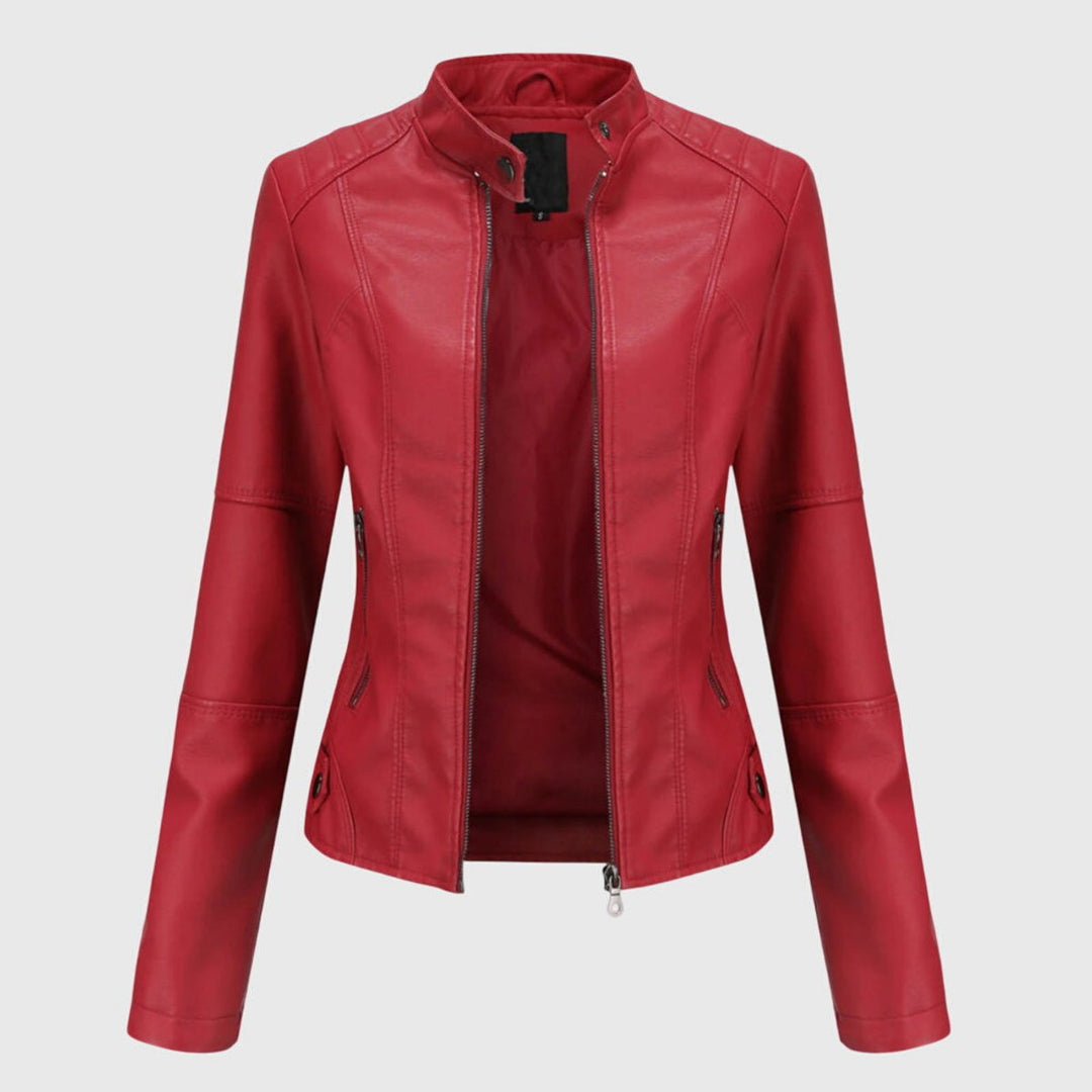 Red fitted biker jacket with stand-up collar and zip front