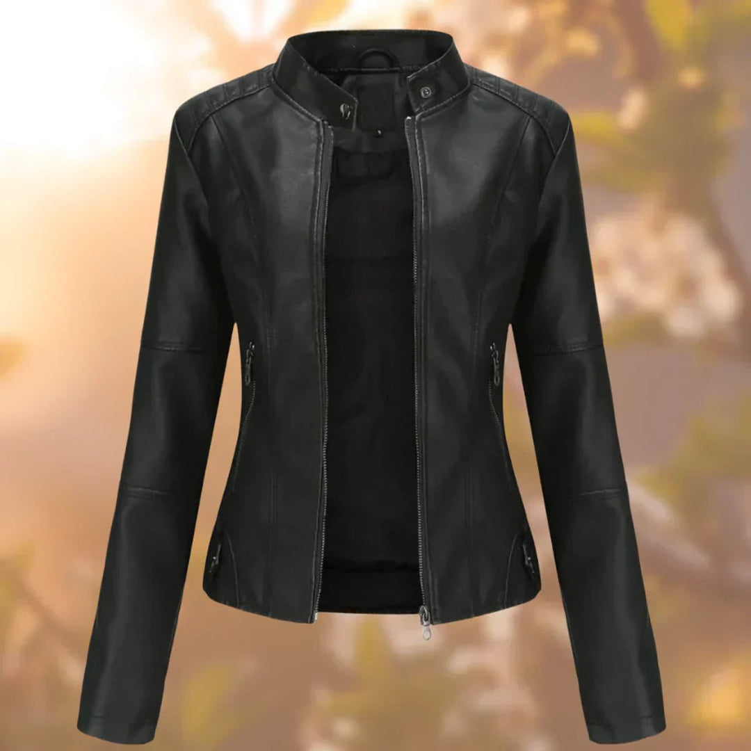 Fitted black biker jacket with front zipper and stand collar
