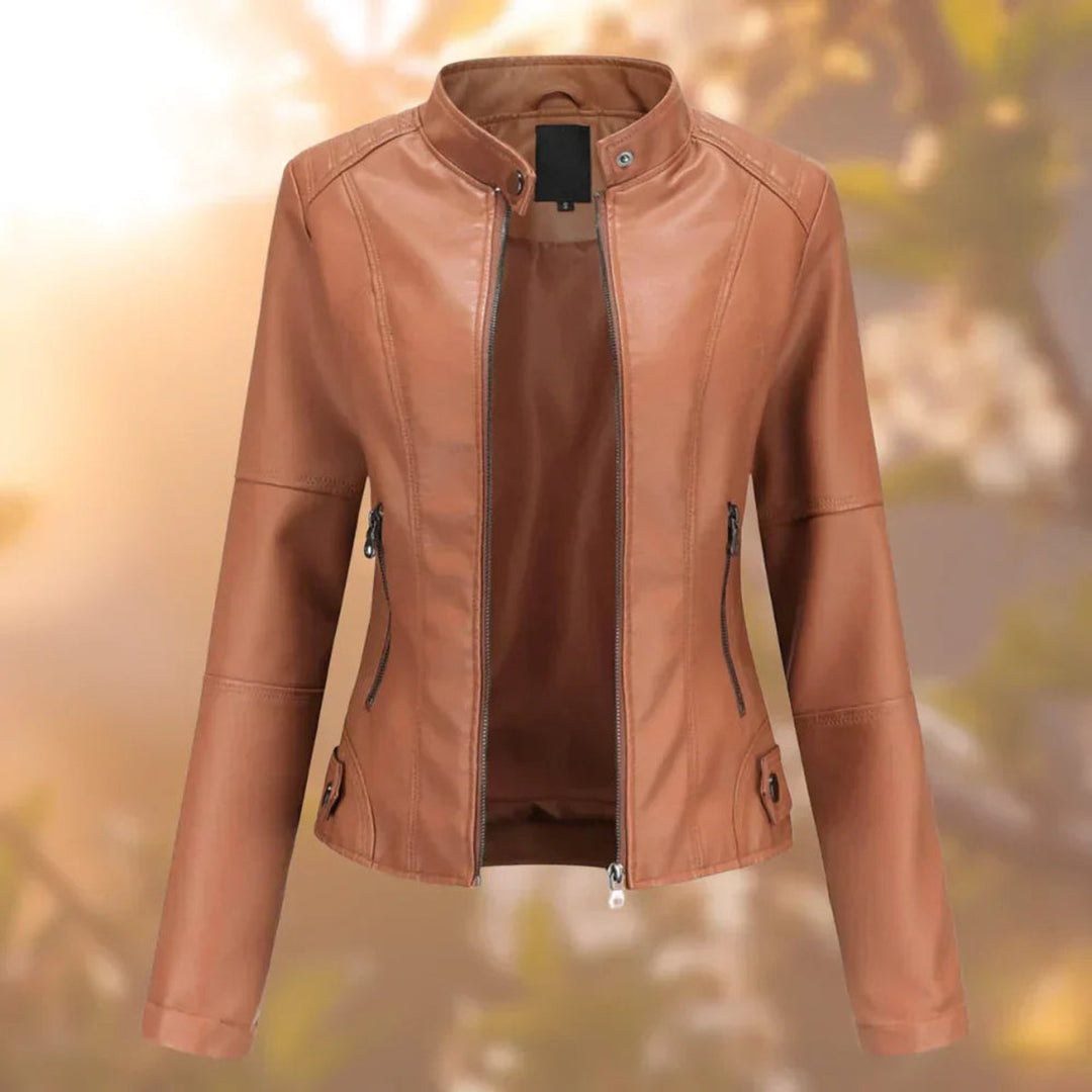 Fitted brown biker jacket with front zipper and stand collar