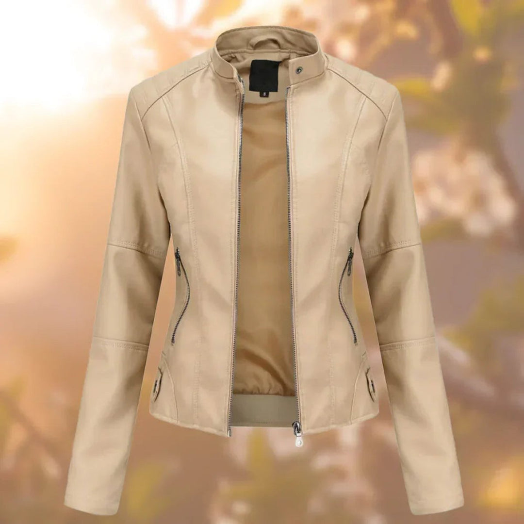 Fitted beige biker jacket with front zipper and stand collar