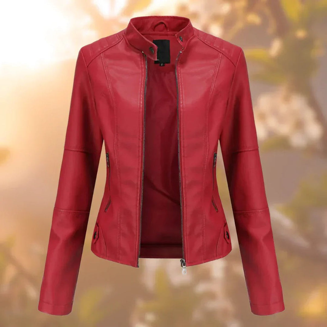 Fitted red biker jacket with front zipper and stand collar