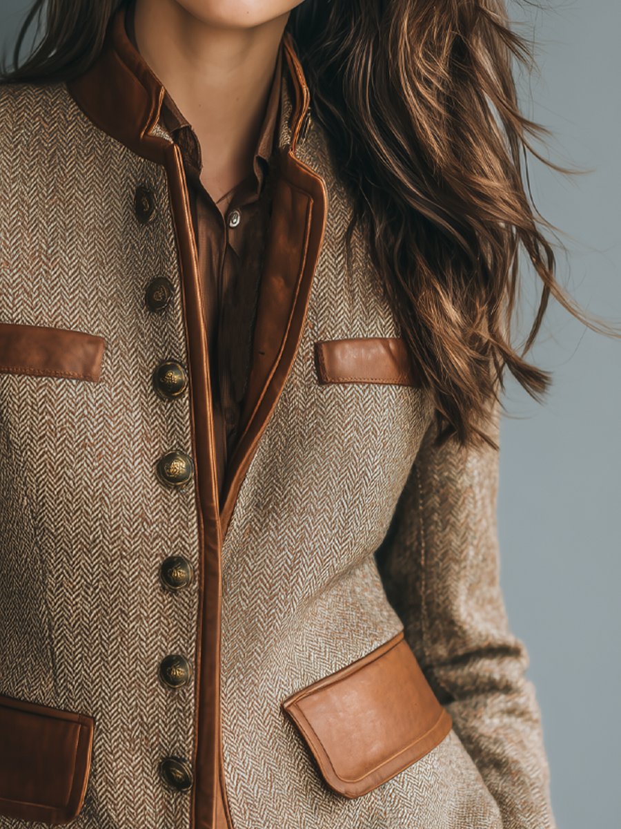 Brown herringbone blazer with leather trim, chest pocket, and two flap pockets