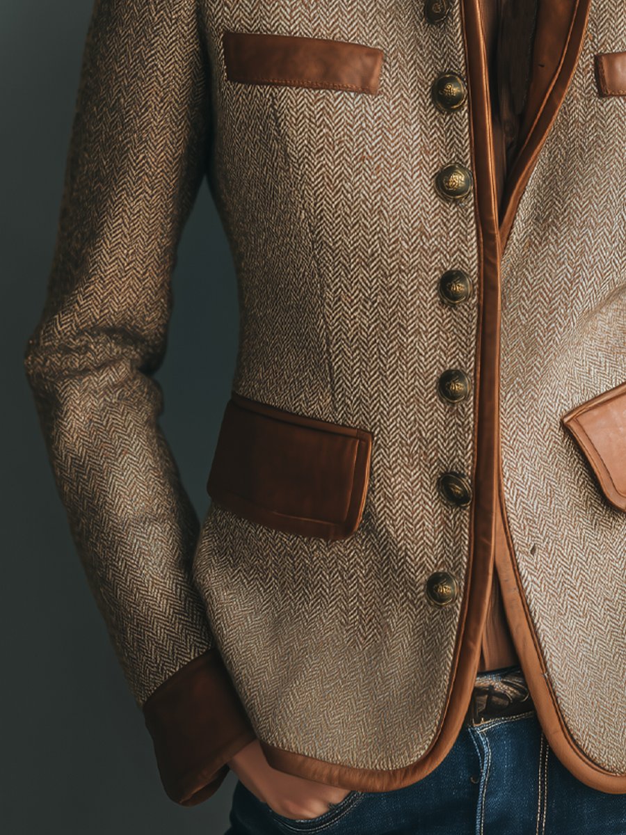 Brown herringbone blazer with leather patch pockets and buttoned front detail
