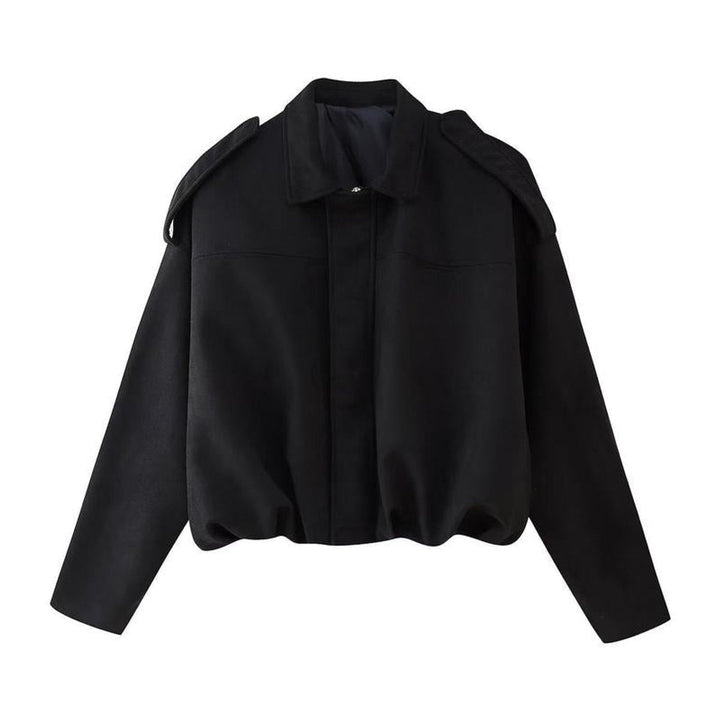 Black bomber jacket with stand collar and zip front