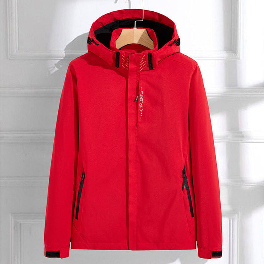 Red waterproof rain jacket with hood, front zipper, and side pockets.