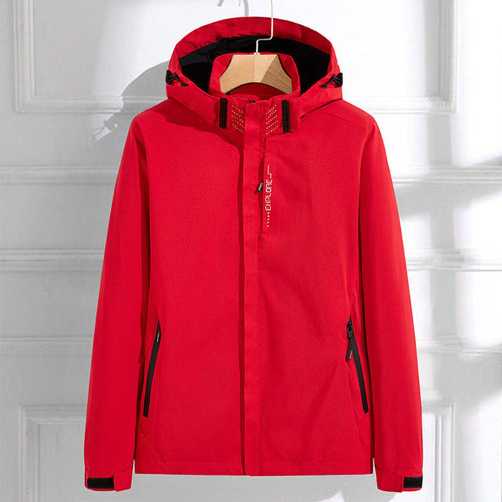 Red waterproof rain jacket with hood, front zipper, and side pockets.