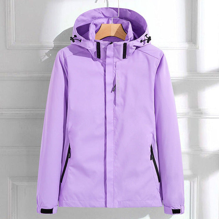 Lavender waterproof rain jacket with hood, front zipper, and side pockets.
