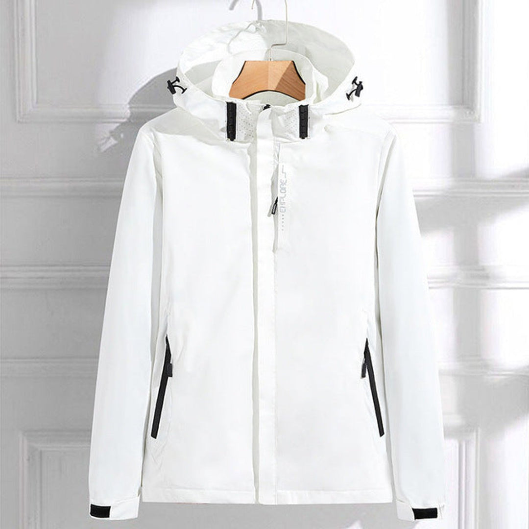 White waterproof rain jacket with hood, front zipper, and side pockets.