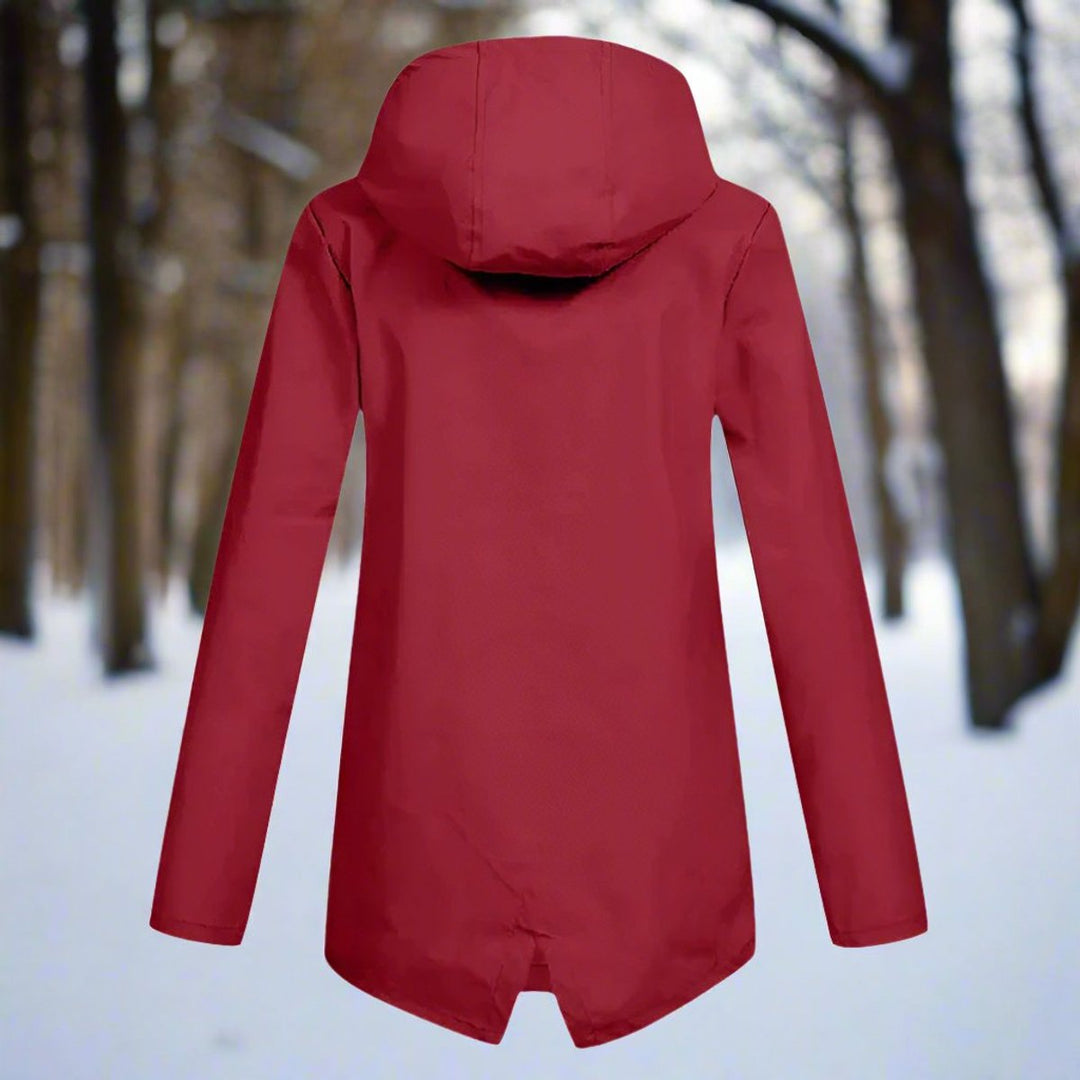 Waterproof rain jacket with hood, wine red, back view