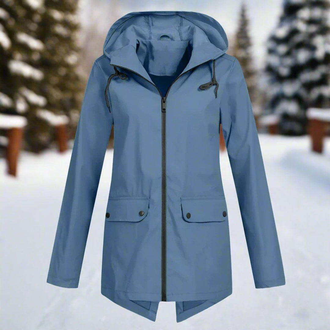 Waterproof hooded rain jacket, blue with black zip and chest flap pockets