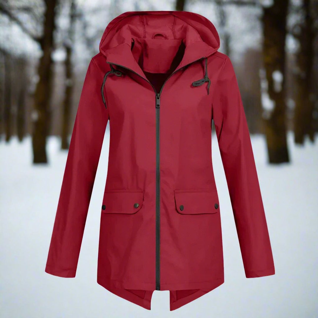 Waterproof hooded rain jacket, red with black zip and chest flap pockets