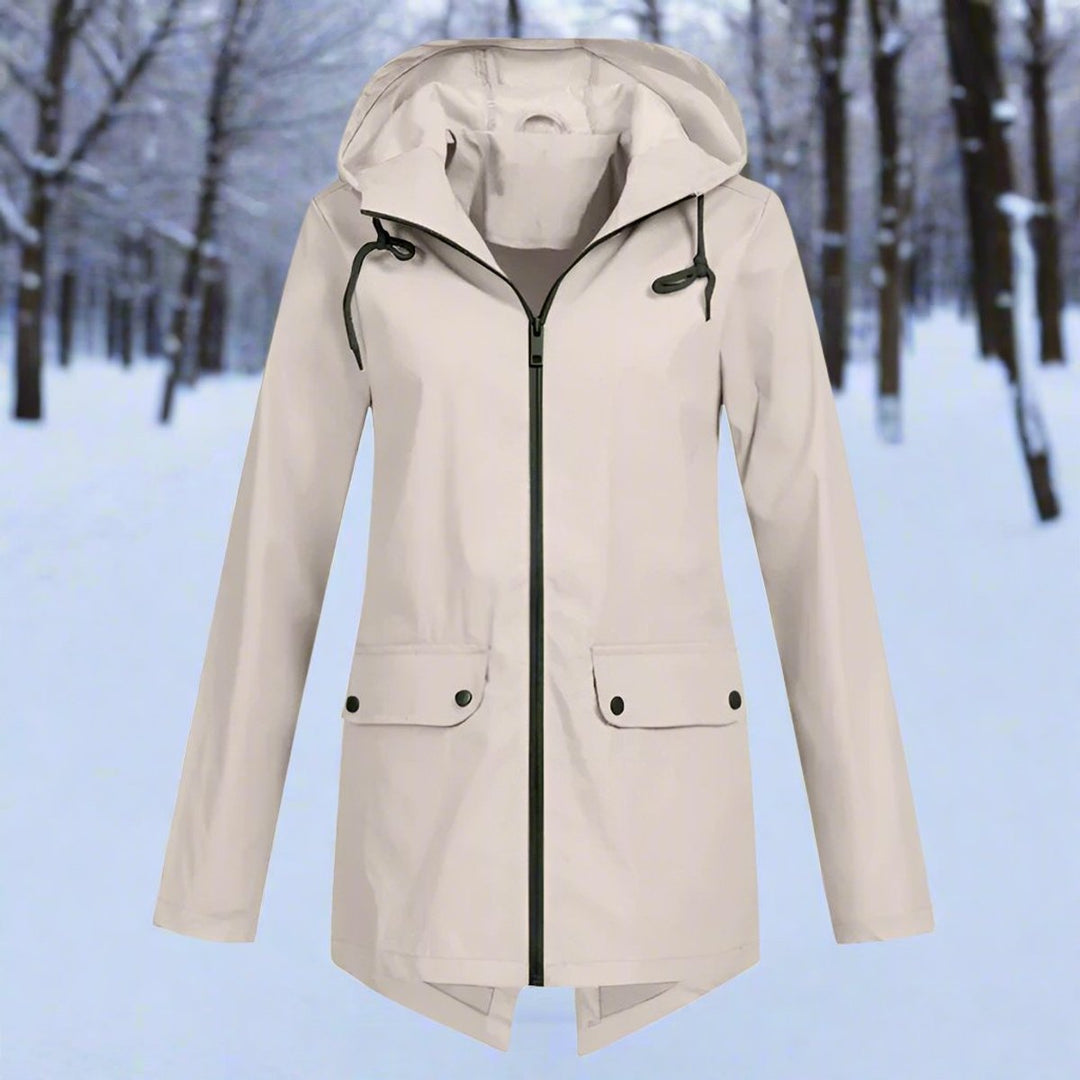 Waterproof hooded rain jacket, cream with black zip and chest flap pockets