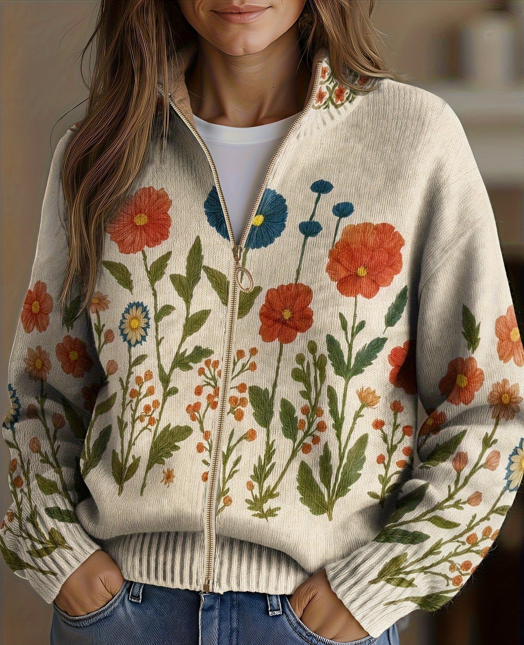 Floral zip-up cardigan, light heather knit with orange and blue wildflower print