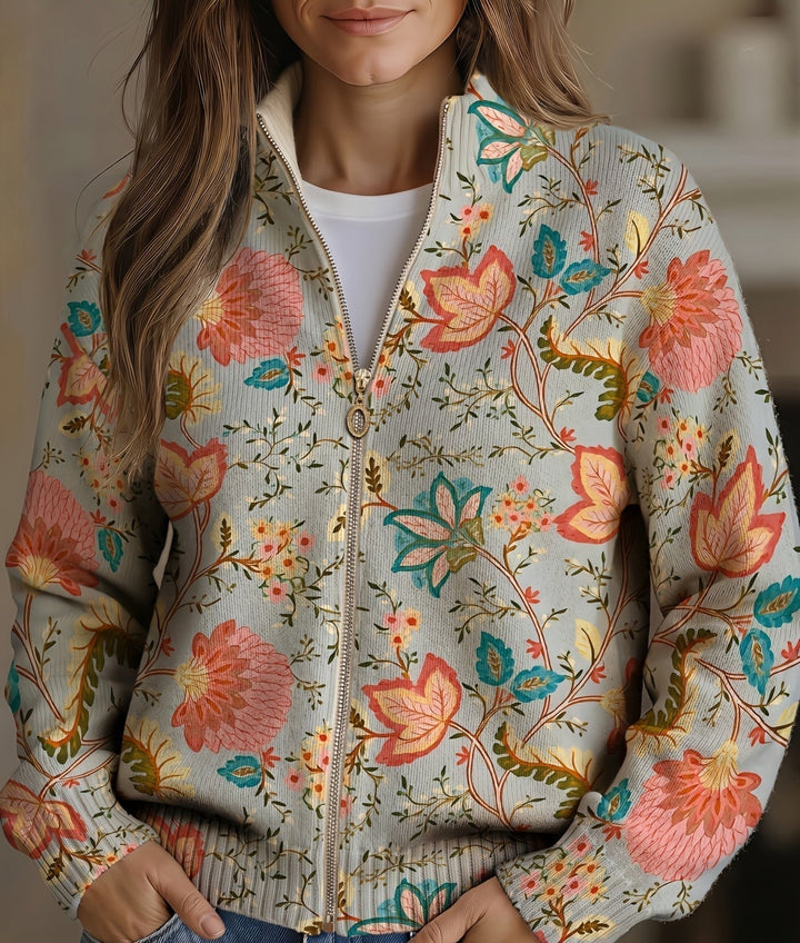 Floral knit zip cardigan with ribbed hem and cuffs, long sleeves, off-white base