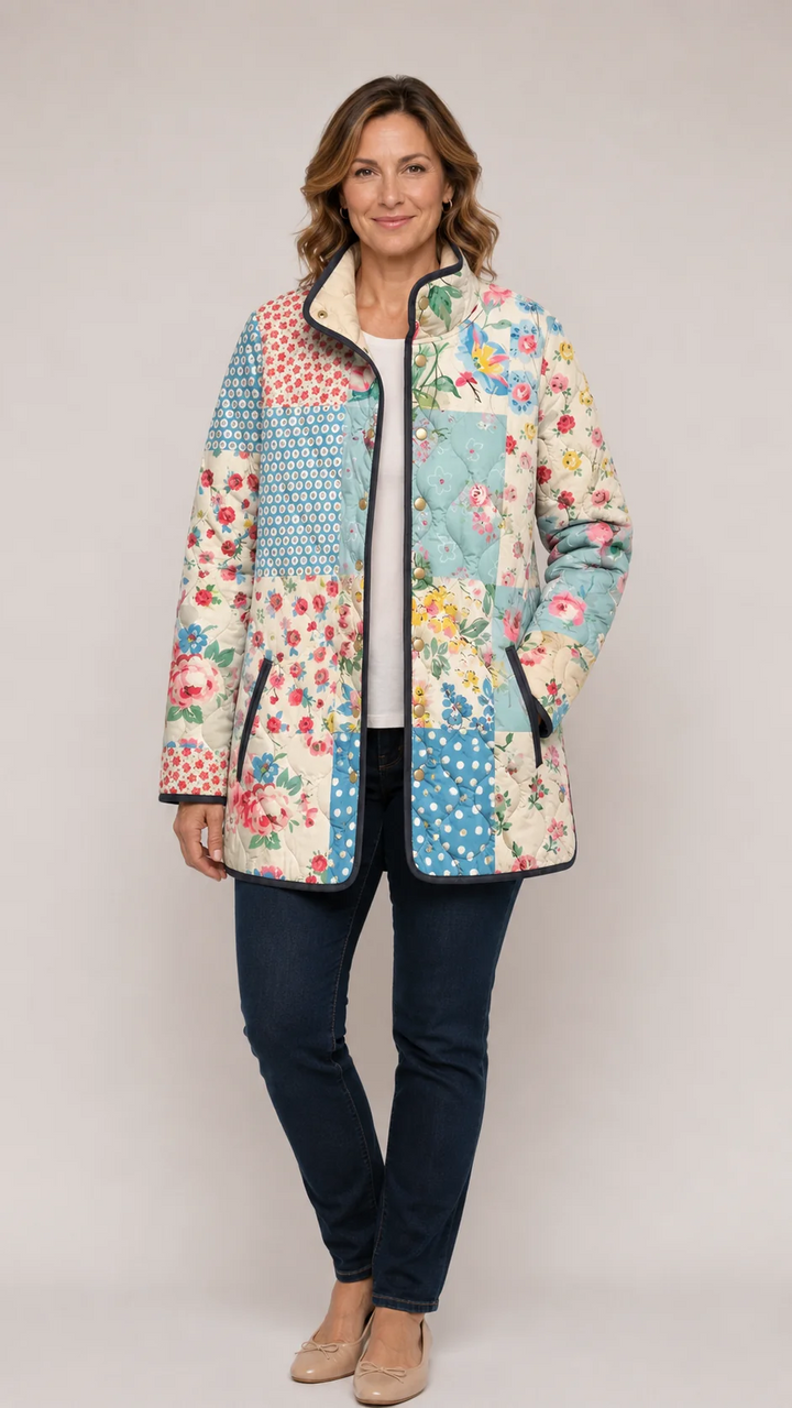 Multicolor floral quilted jacket with full-length zipper, front pockets, long sleeves