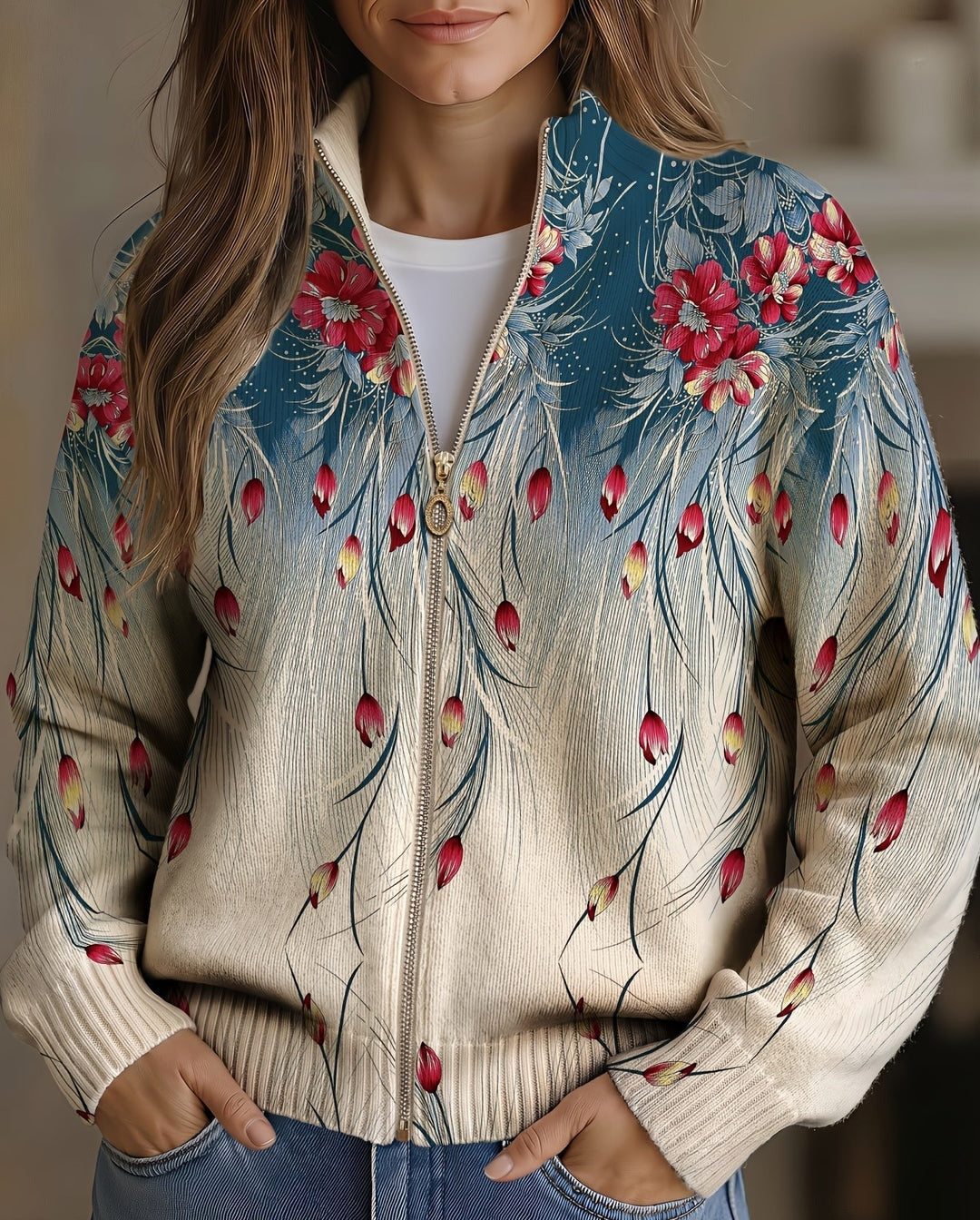 Rosalie™ floral peacock zip cardigan, blue with red/green feather print, ribbed cuffs